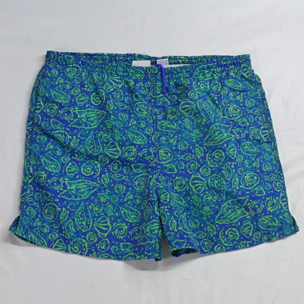 Vtg 90s‎ Pro Spirit Small x 4" Blue Green Print Pull On Mesh Lined Swim Shorts